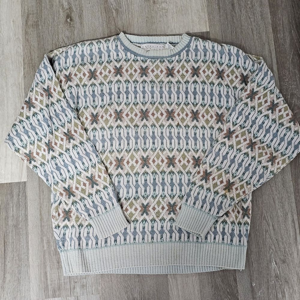 Vtg Crossings Fine Line Men's Grandpa Sweater Made in USA 100% Cotton